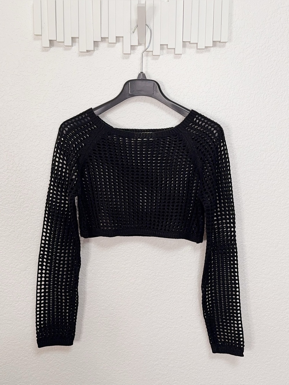 Zenana Black Open Knit Crochet Long Sleeve Cropped Bolero Shrug Top